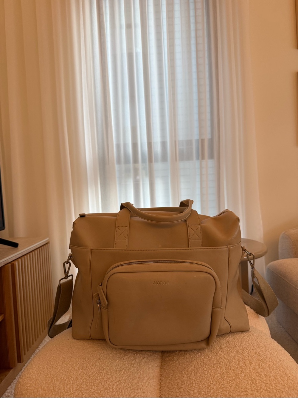 Monos Beige Leather Weekender Bag with Front Pocket